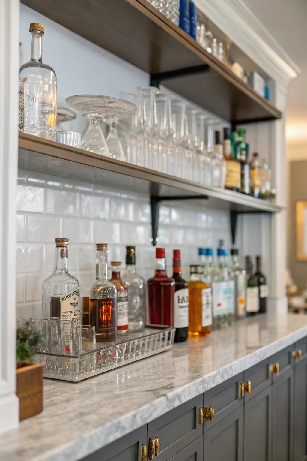 Accessible shelving is a classy way to show off your glasses and spirits.