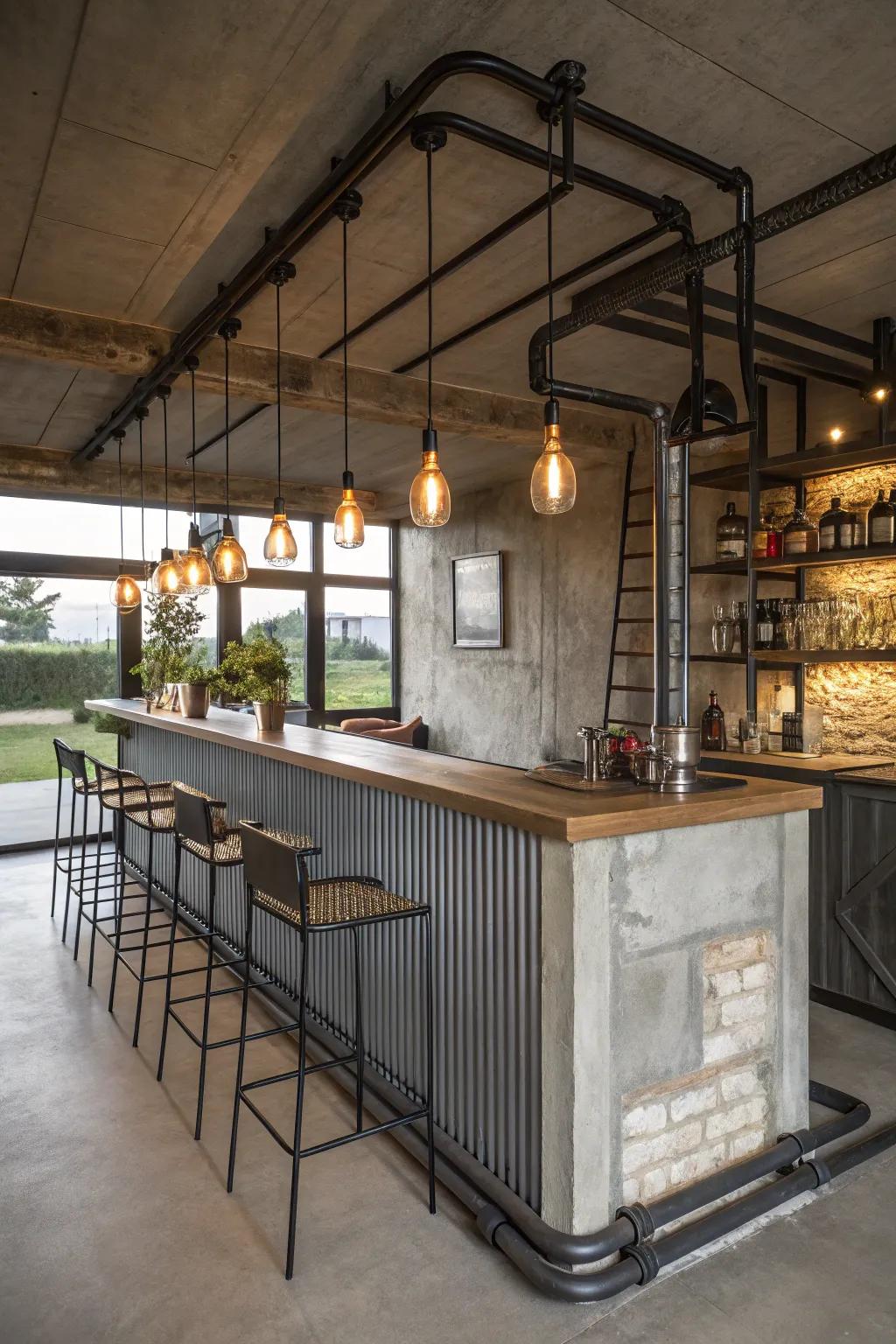 Industrial home bar with metal and concrete accents.