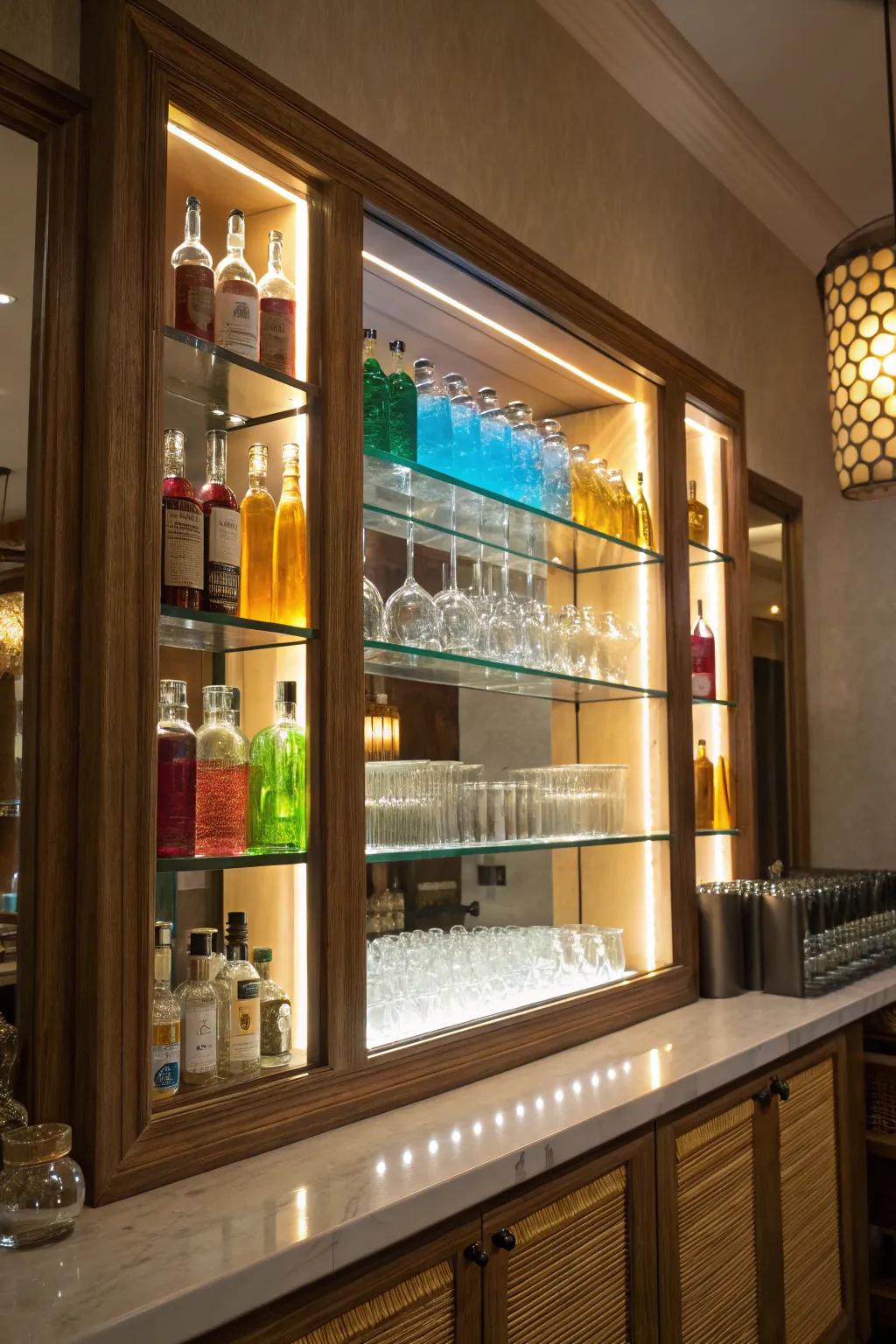 Backlit mirrors add a magical ambiance to your home bar.