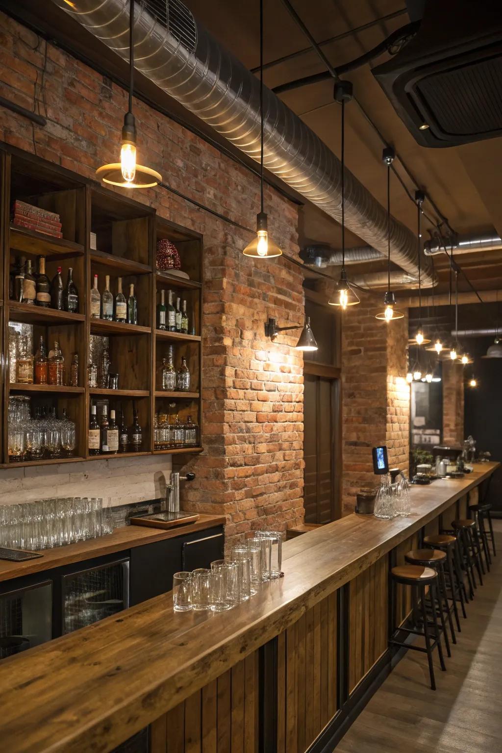 Walls of exposed brick present an industrial-chic attraction that exudes warmth and style.