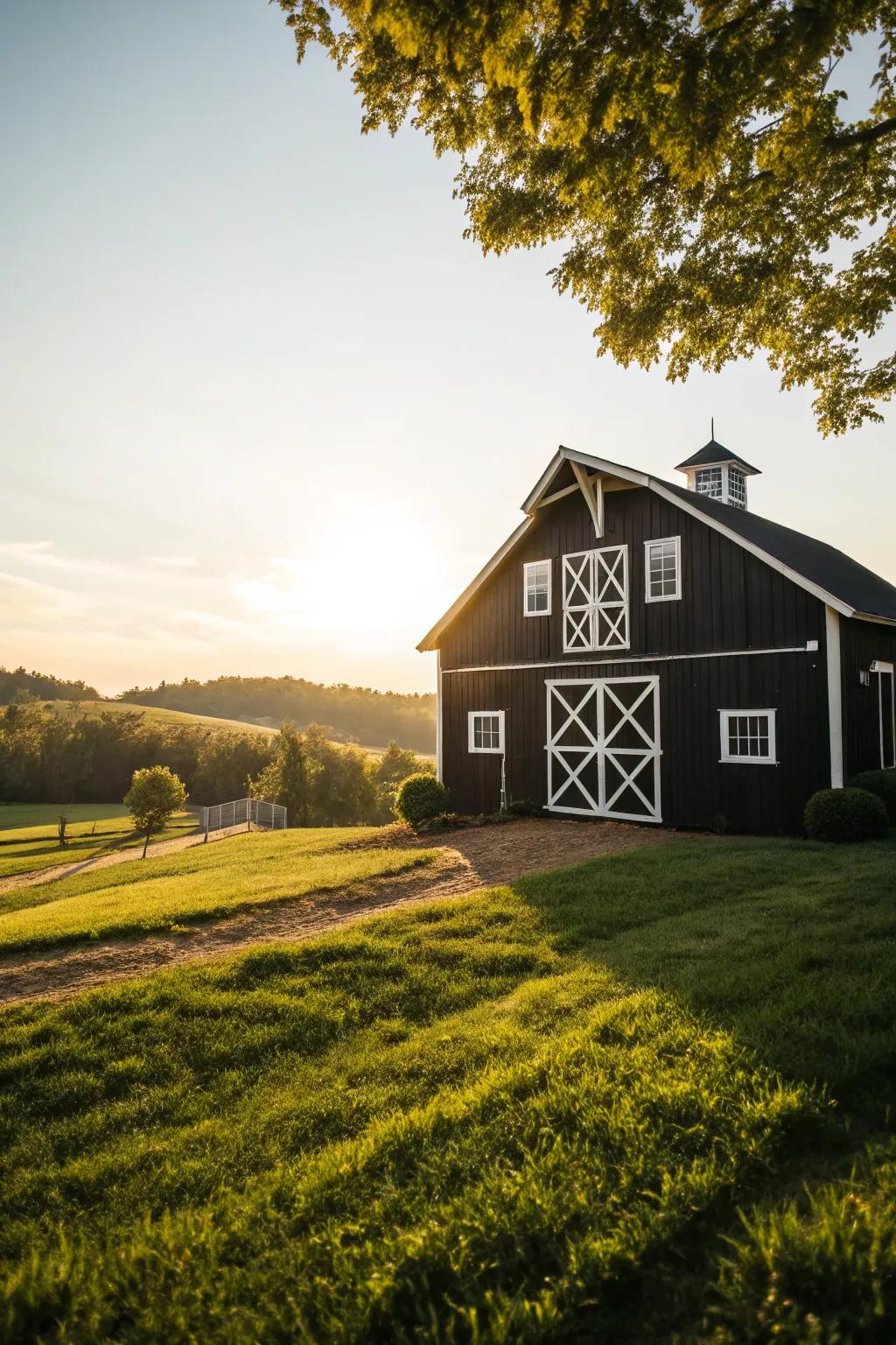 A barn featuring contrasting trim that accentuates its structural elements.
