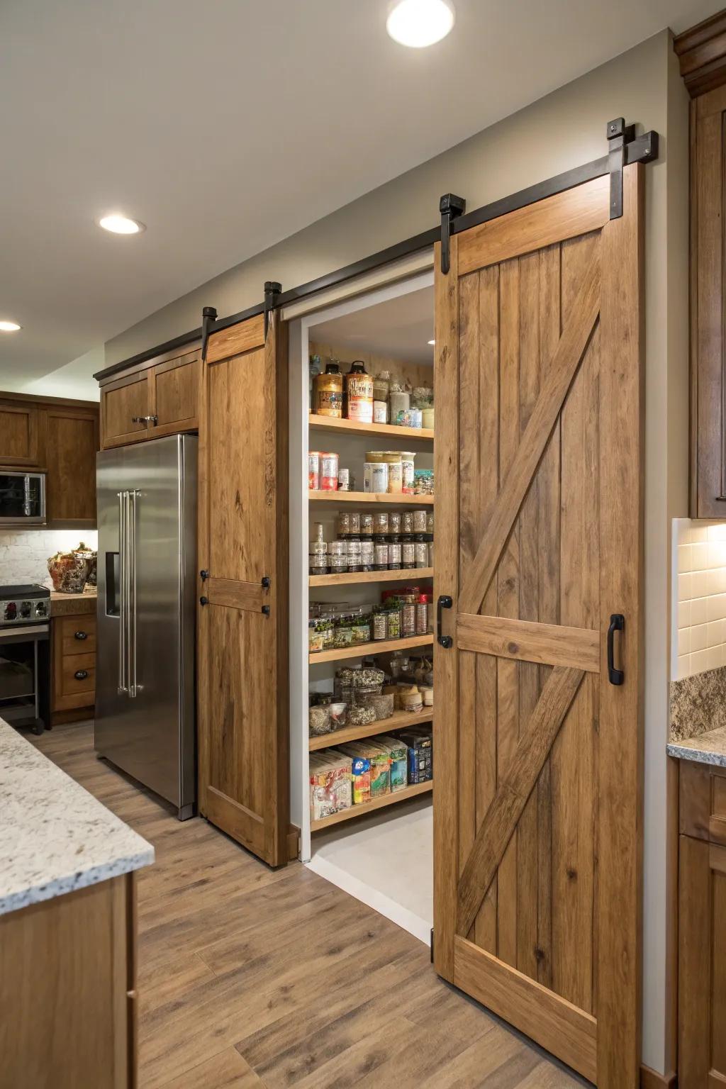 A kitchen showcasing a bi-parting sliding barn door leading to a pantry.