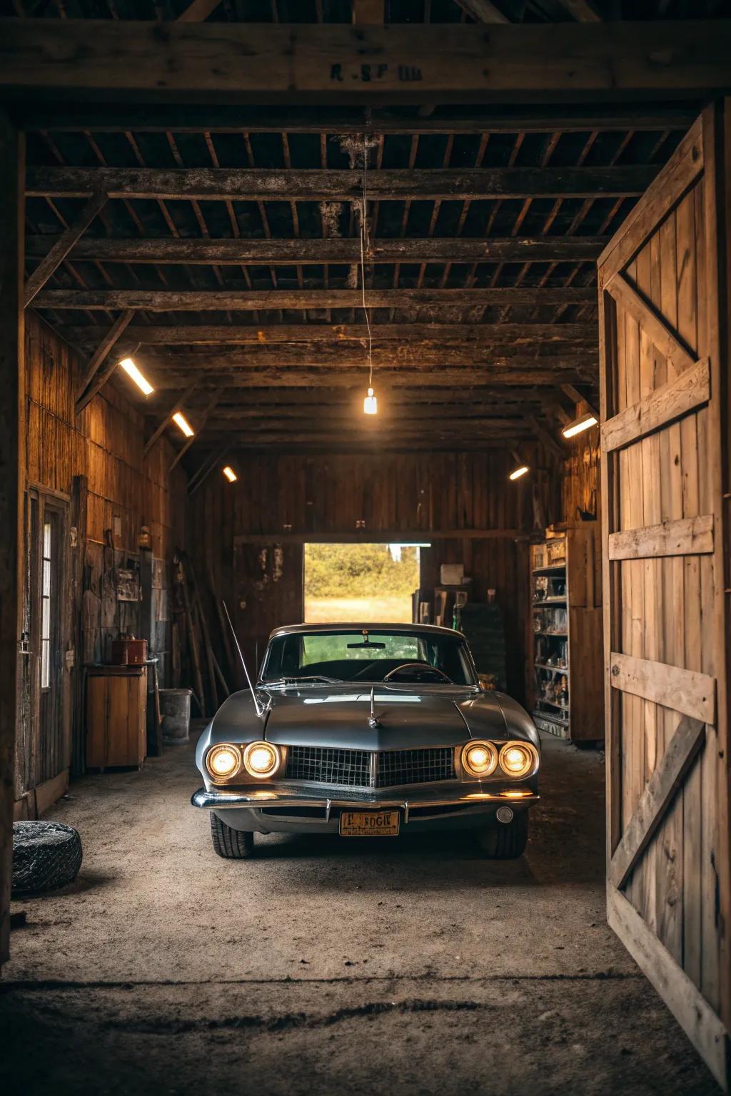 An old car becomes the star of this barn garage.