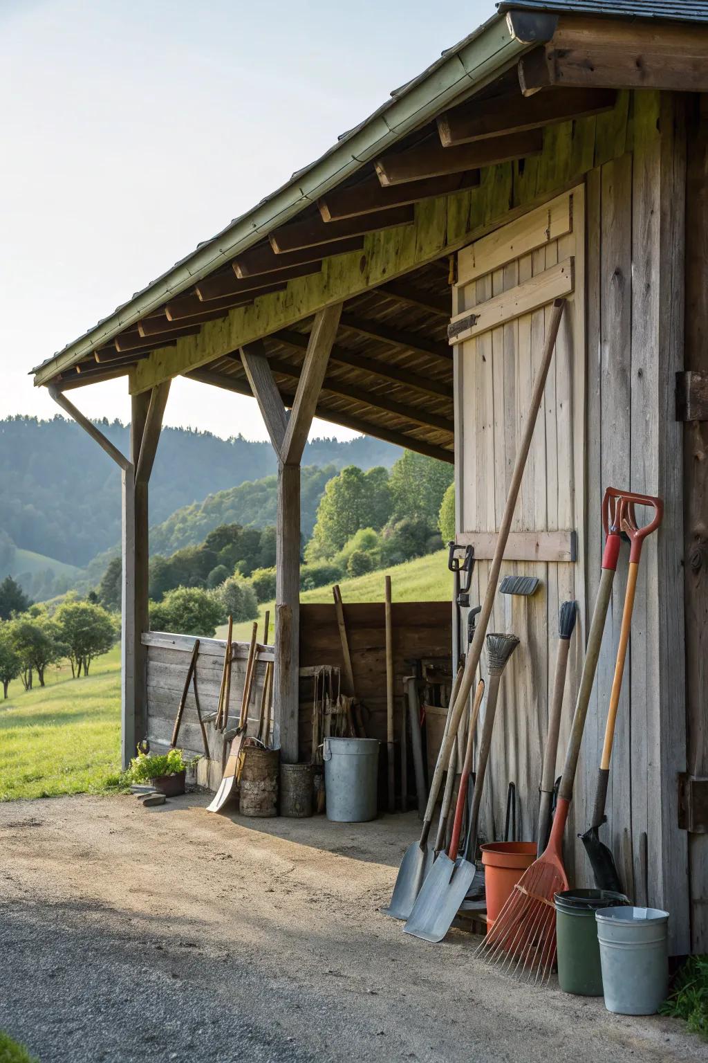 A barn featuring a full-length overhang, providing comprehensive protection.