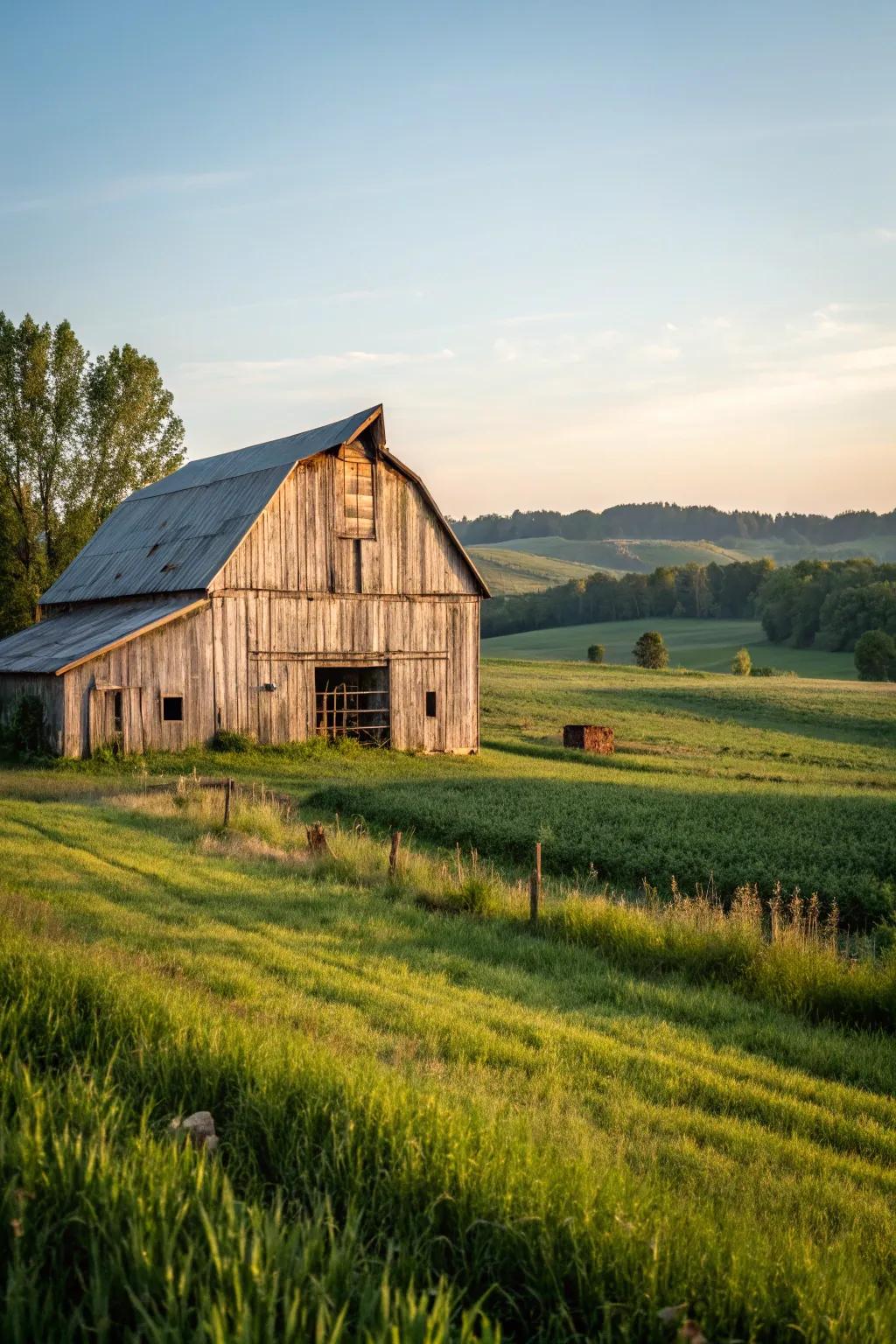 A barn covered in wood siding, glowing with rustic charm.