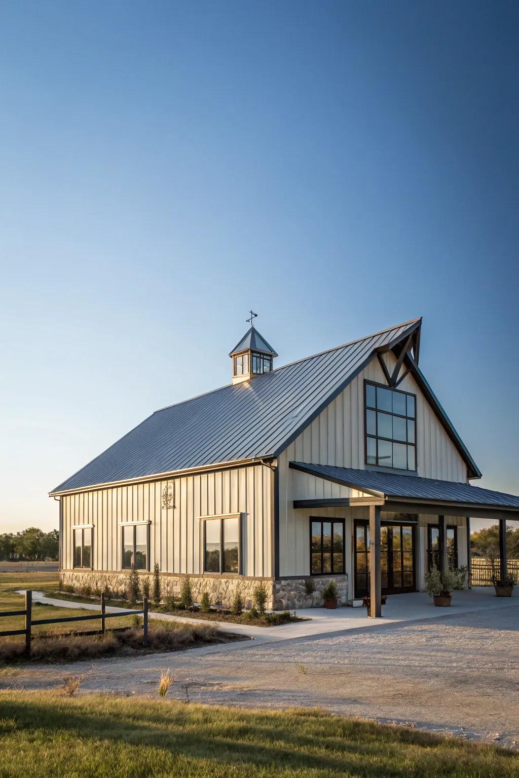 A steep triangular rooftop adds traditional charm to this barndominium.