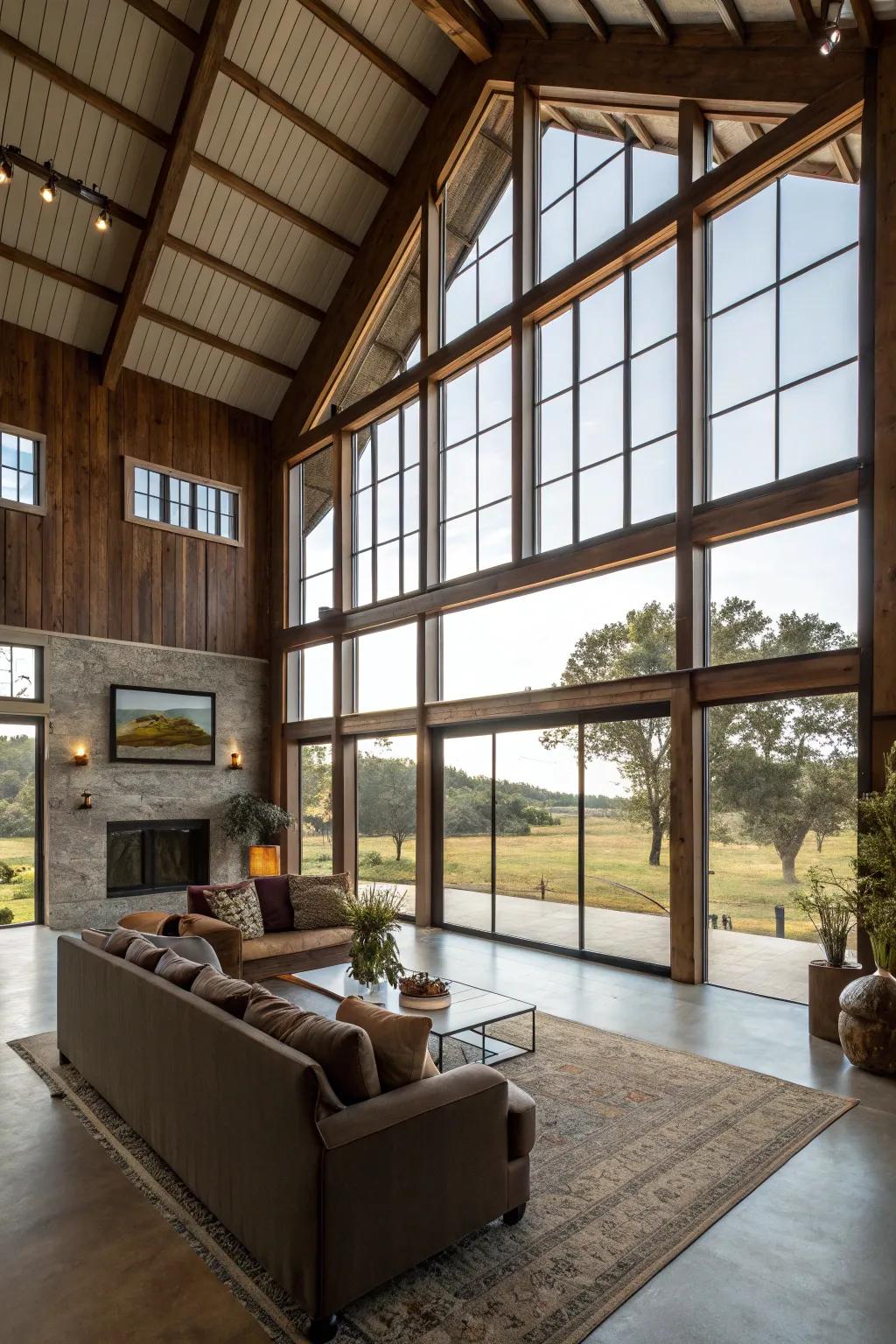 Sunlight streaming through expansive windows in this bright barndominium.