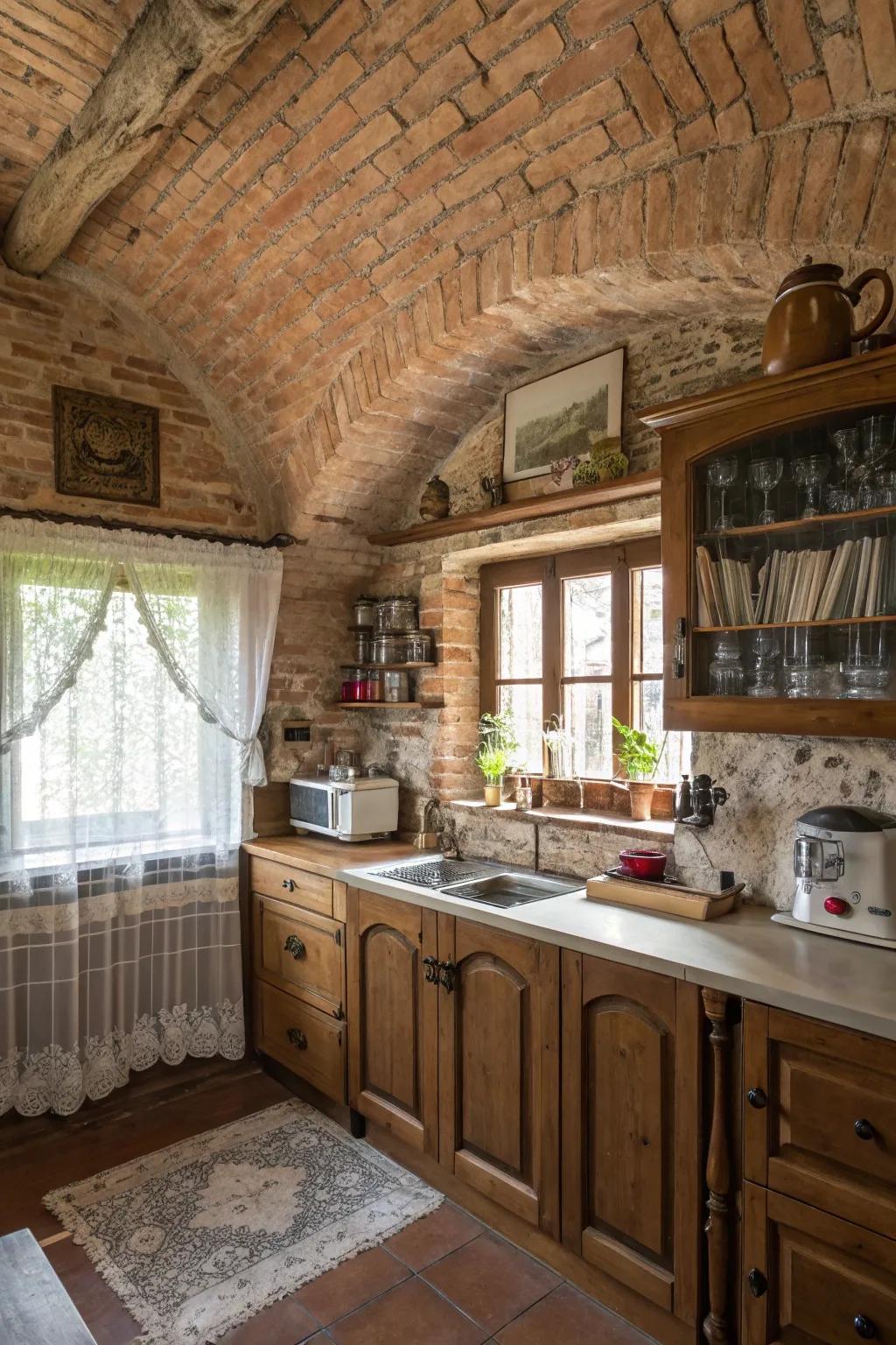 A rustic cooking area enhanced by a visible brick vaulted ceiling.