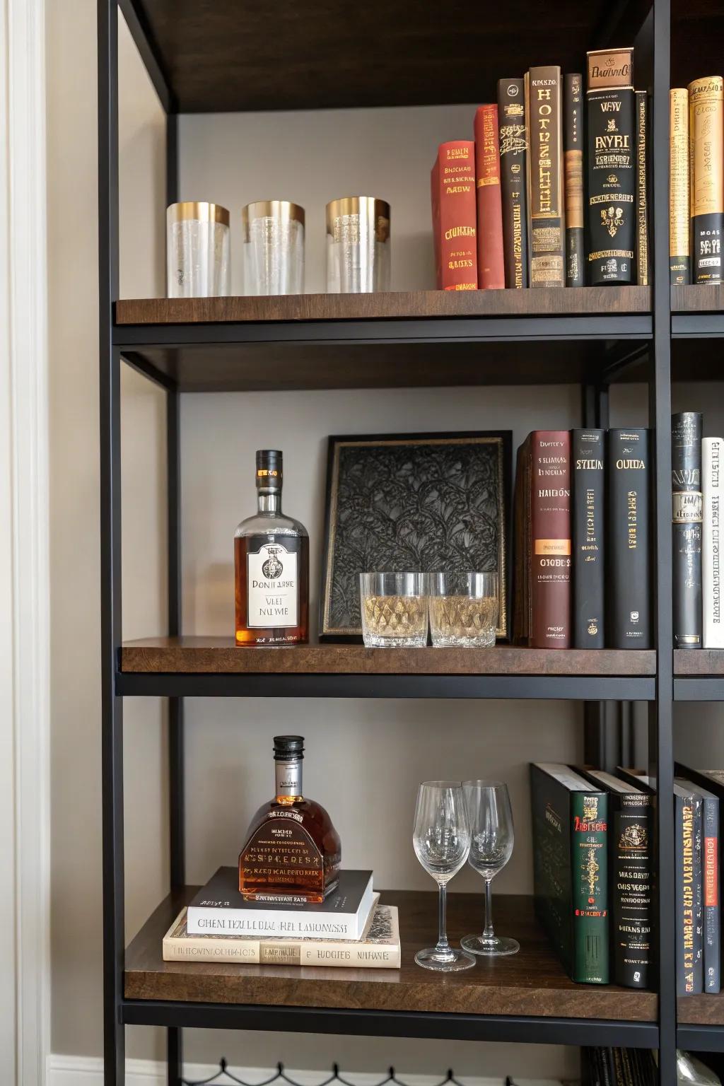 Smart use of shelving turns a bookshelf into a mini bar.