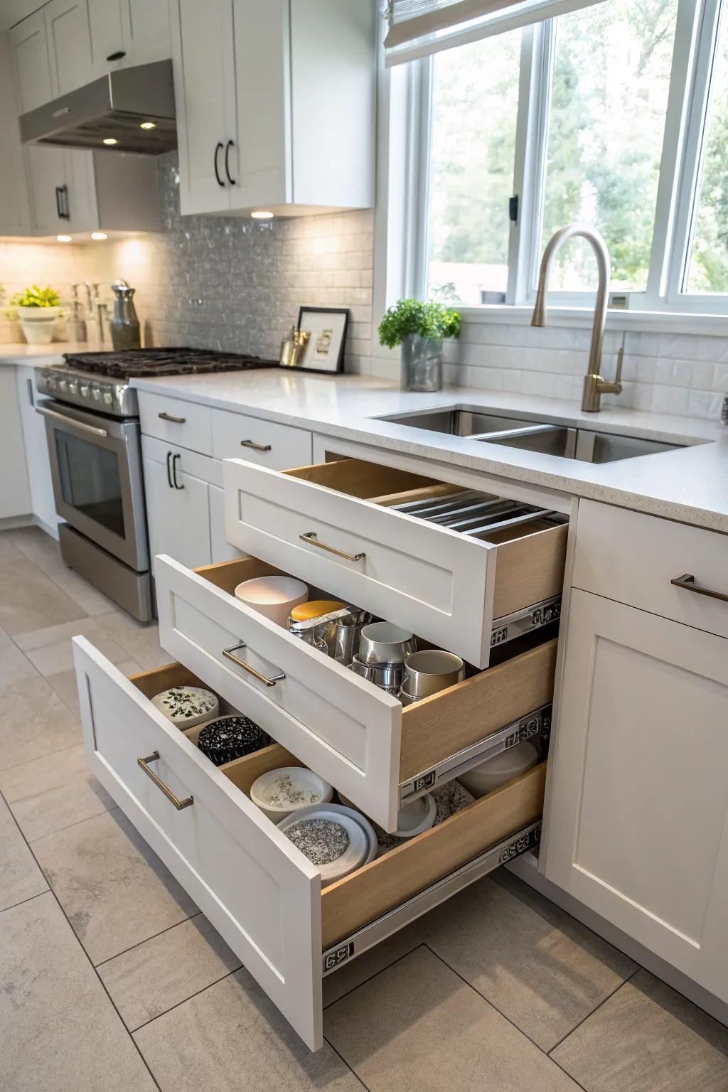 Slide-out shelves maximize storage and ease of access.