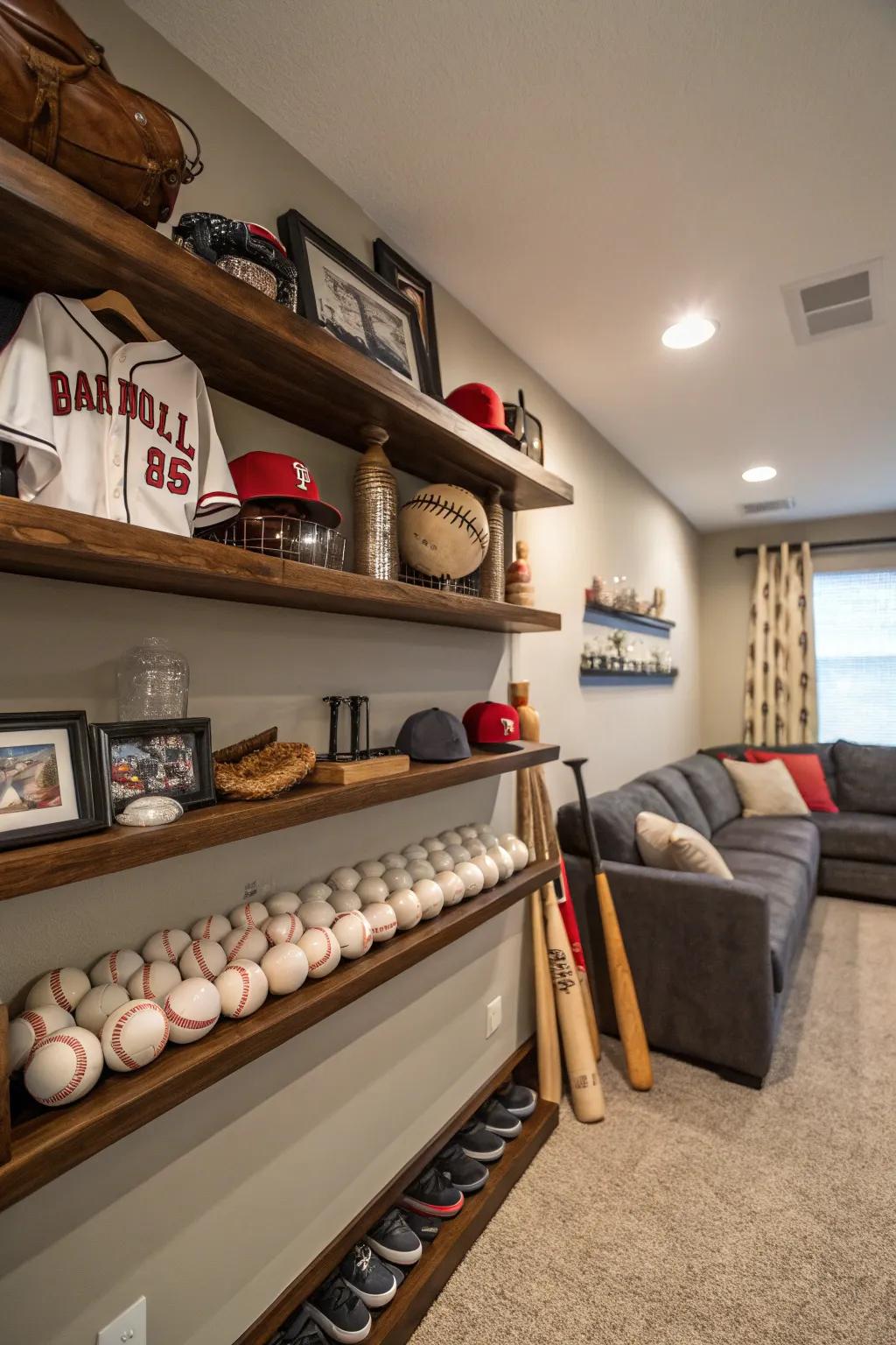Show off your baseball collections using innovative shelving designs.