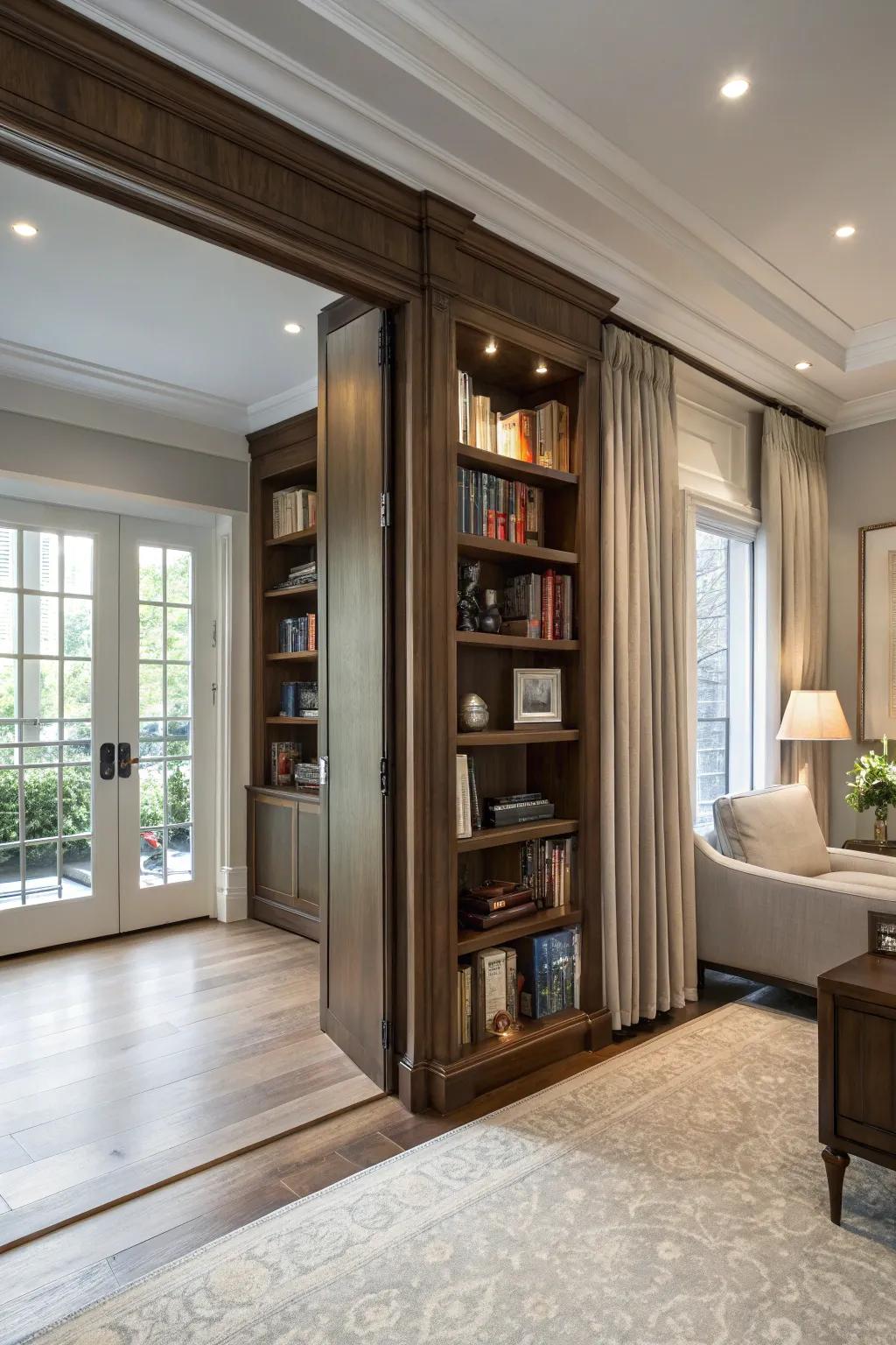 A hidden door within a bookcase offers a clever and space-efficient entry to the basement.