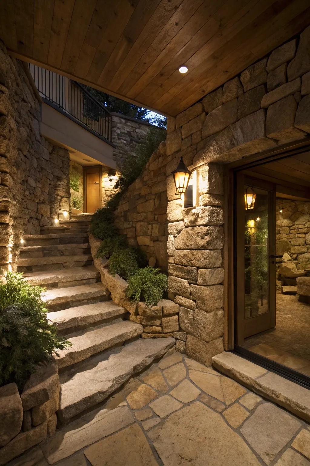 The incorporation of natural stone adds a rustic yet refined charm to your basement entrance.