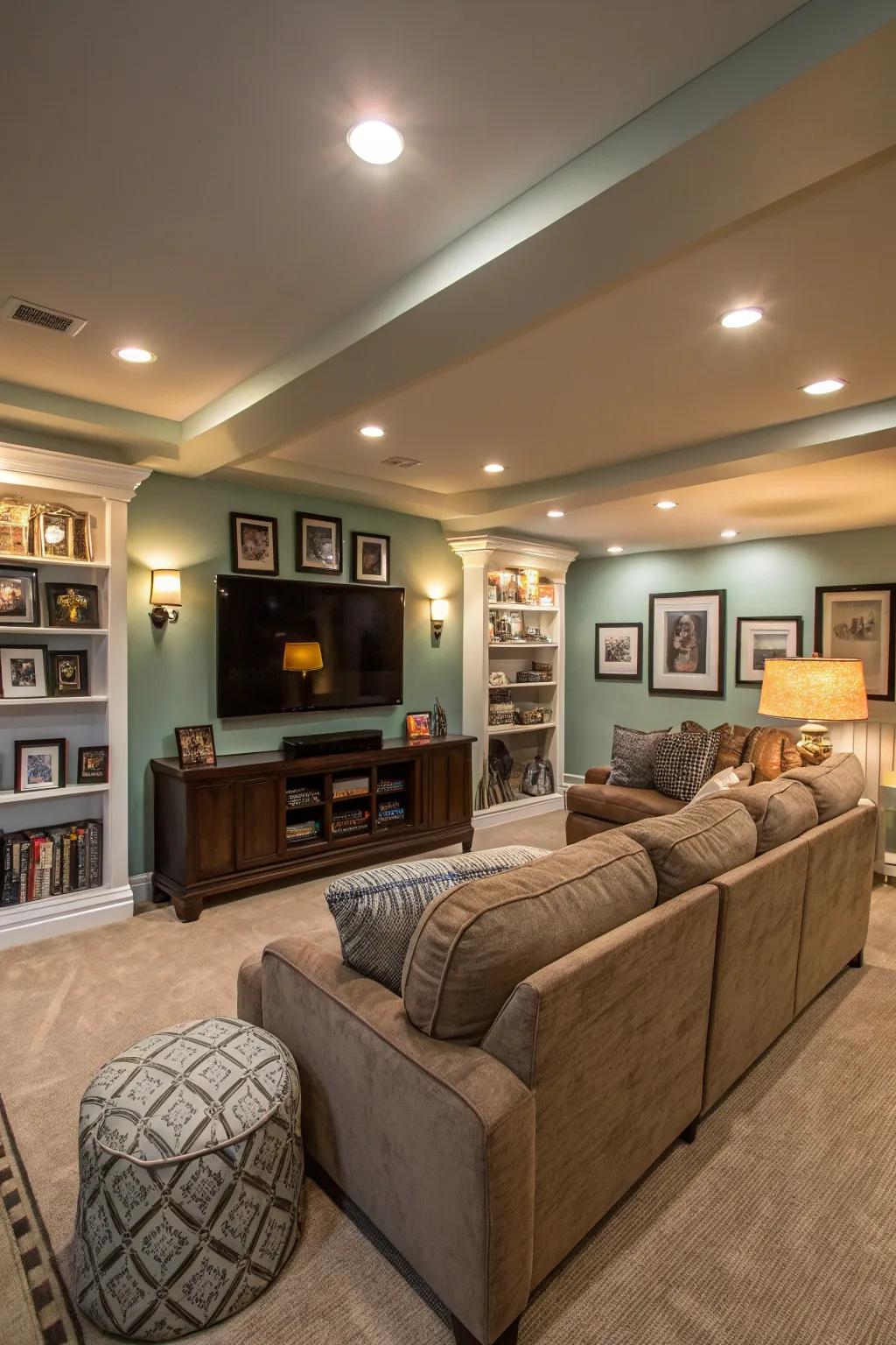 Strategic lighting elevates and warms this refined basement setting.
