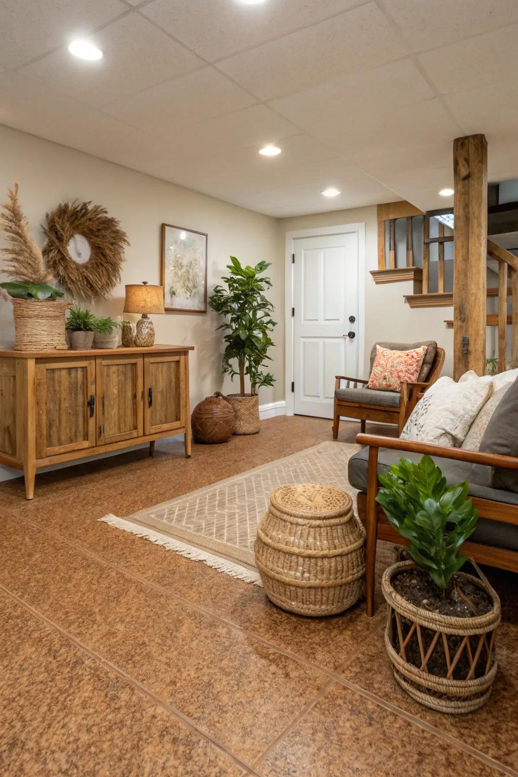 Bark flooring adds natural warmth and cuts down on noise.