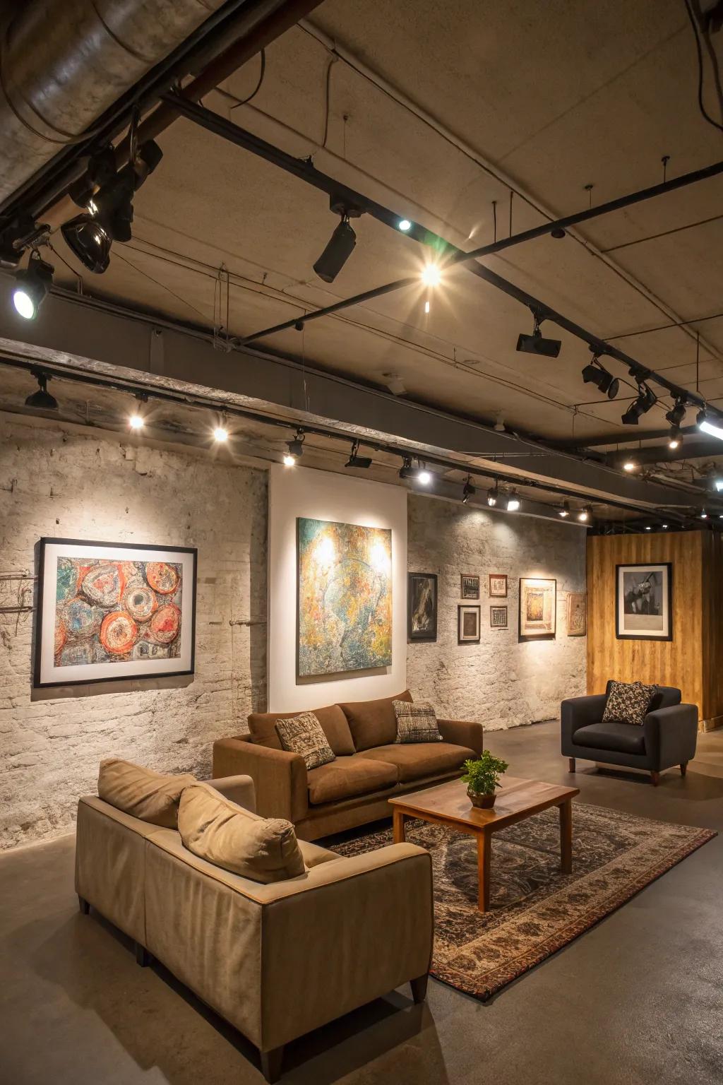 Track lighting introduces versatility and emphasis to your basement.