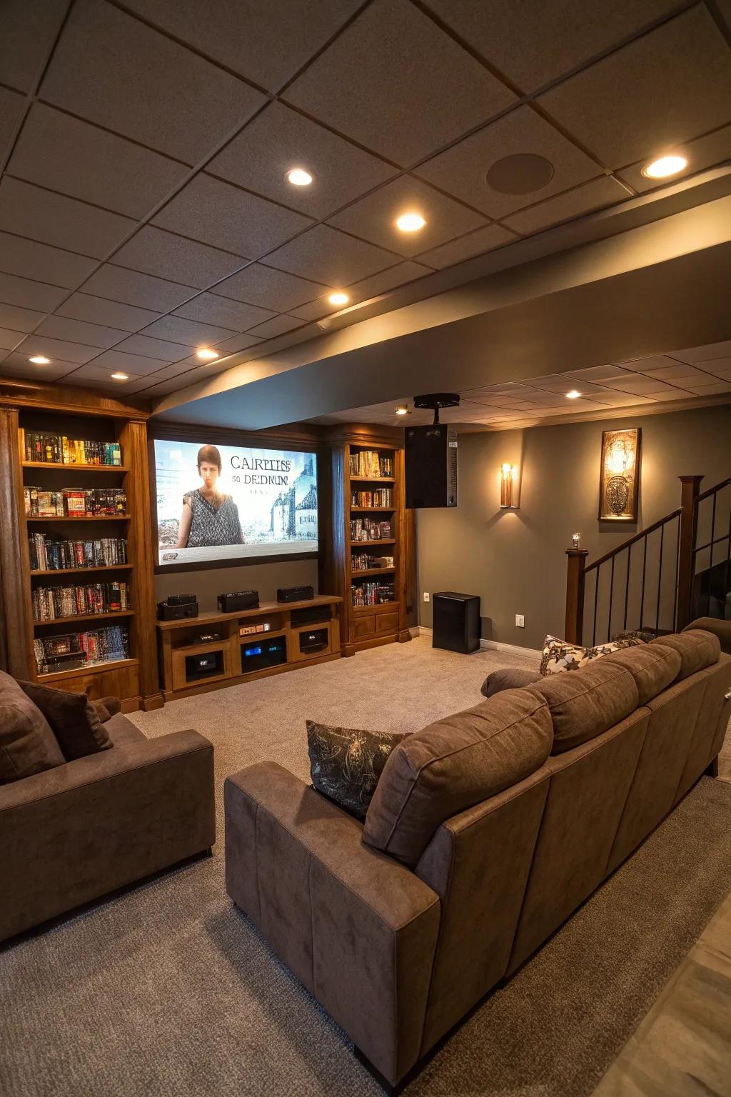 Adjustable light-emitting diode lighting crafts the ideal atmosphere for a captivating home theater experience.