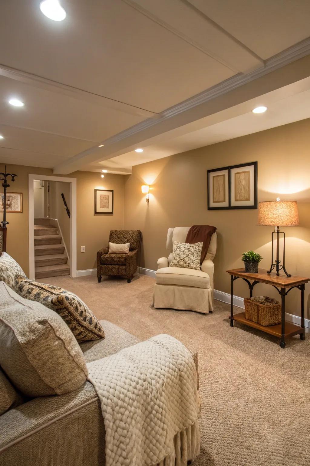 Walls in tan and warm lights make a comfortable mood.