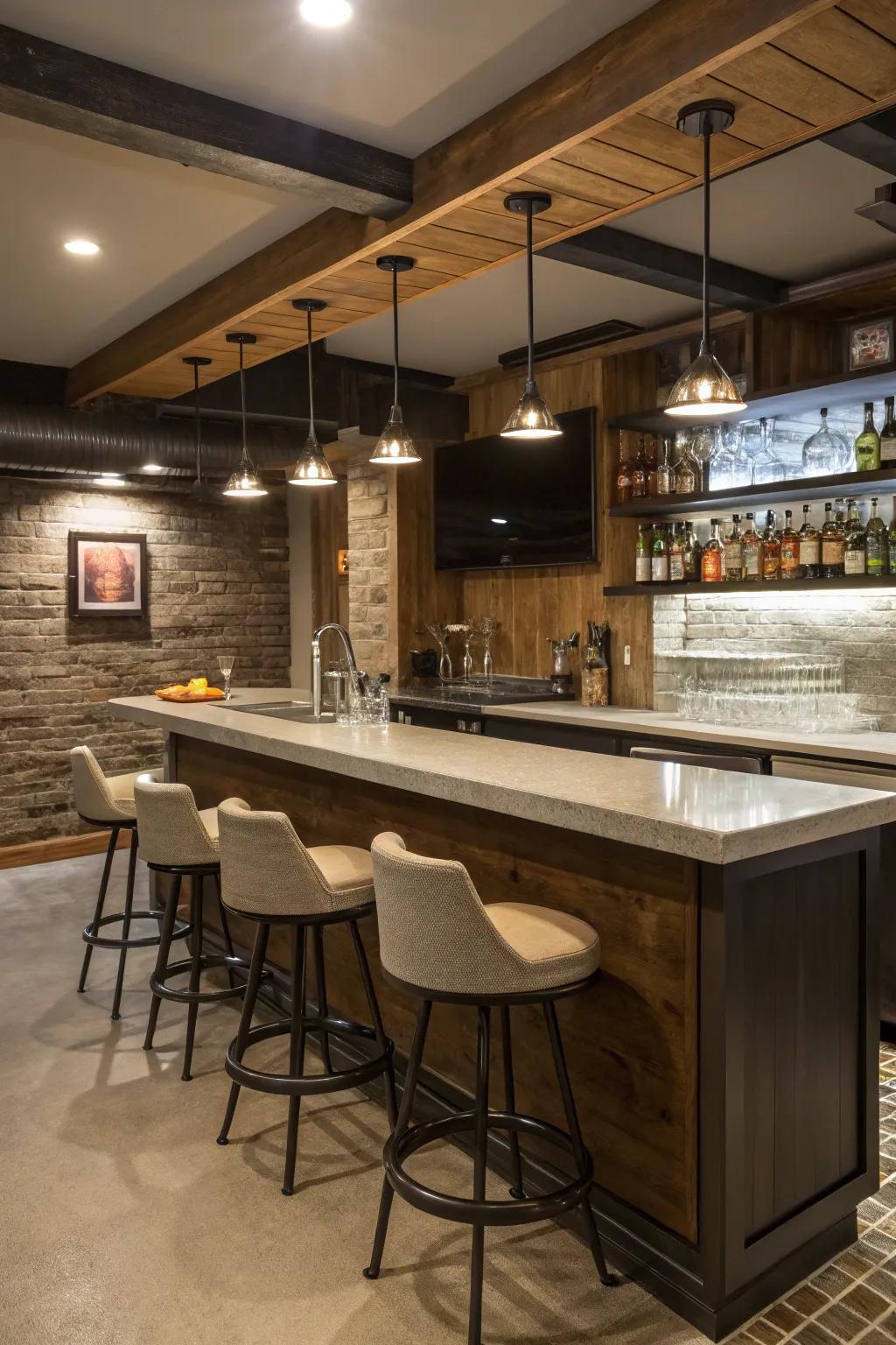 A chic basement wet bar featuring stylish countertops and soft lighting.