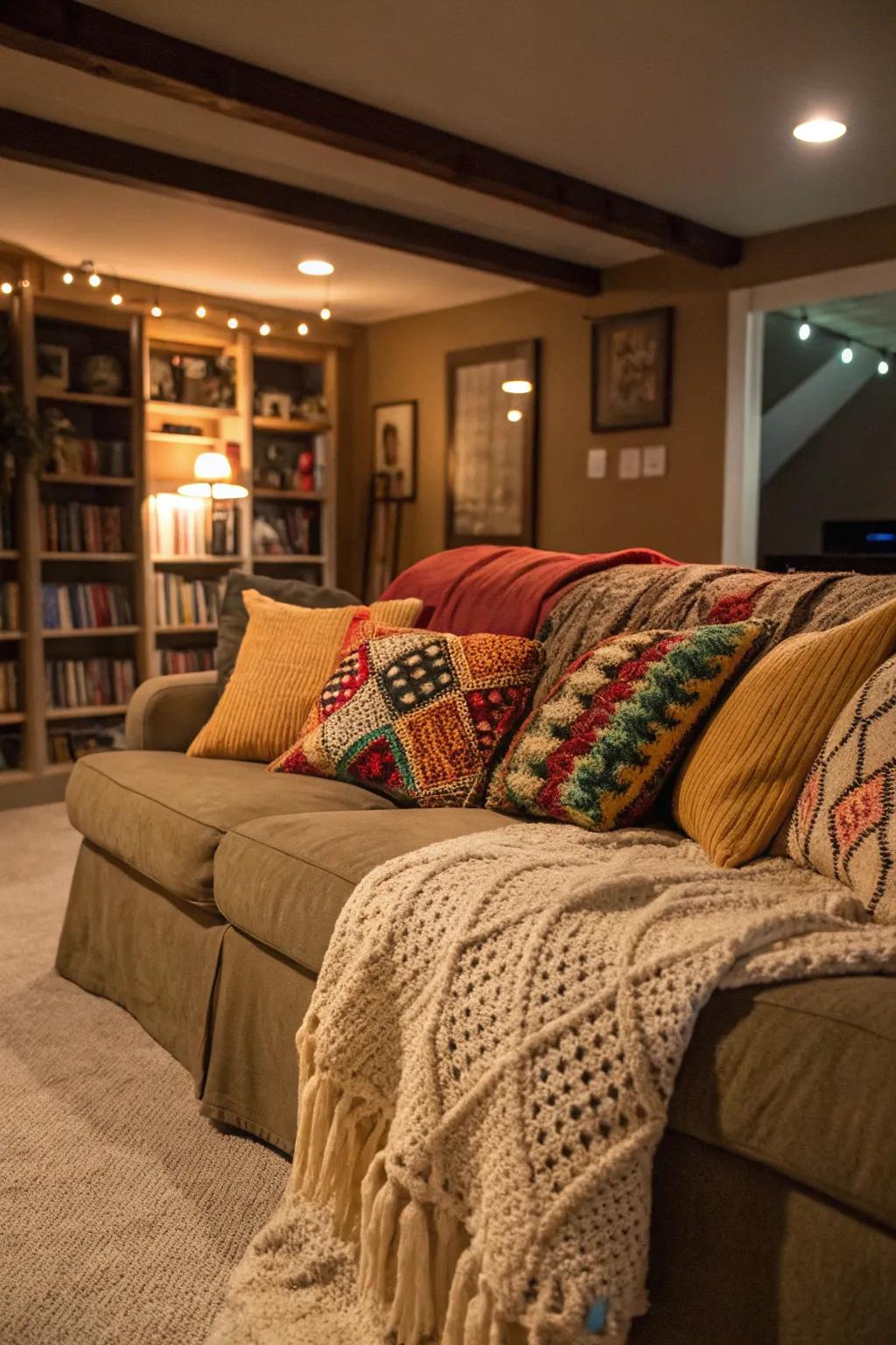 Decorative pillows and soft blankets add warmth and texture.