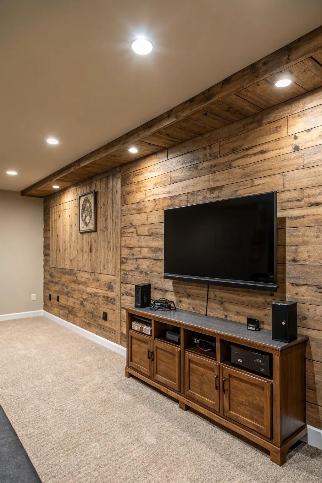 A basement TV area featuring a textured wood accent wall, injecting warmth and distinctive character into the space.
