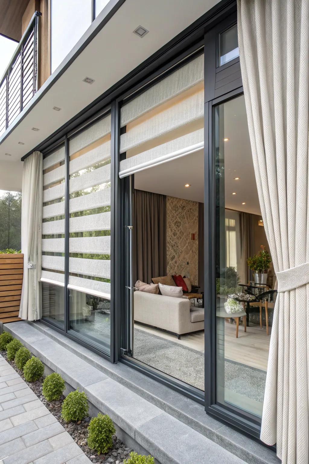 Layered drapes and privacy screens provide adaptability in light management.