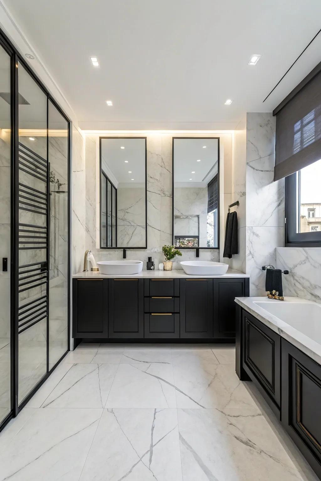 Ebony cabinets offer a dramatic contrast in modern bathrooms.
