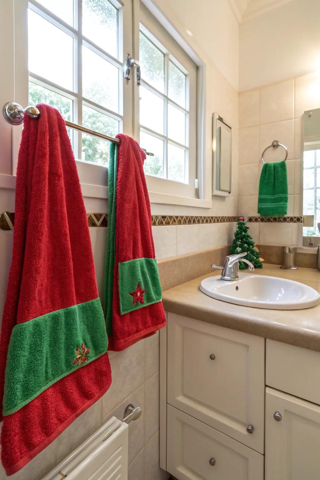 Festive hand towels bring a dash of holiday tint to this bathroom.