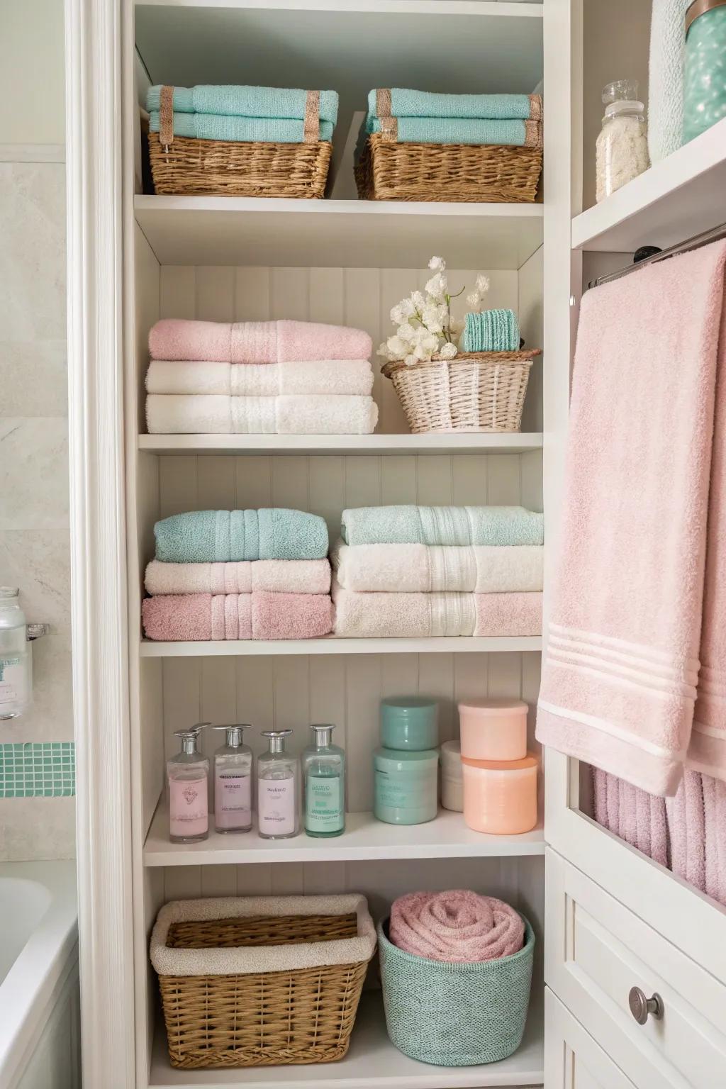 Color-coordinated towels and accessories providing a harmonious visual.