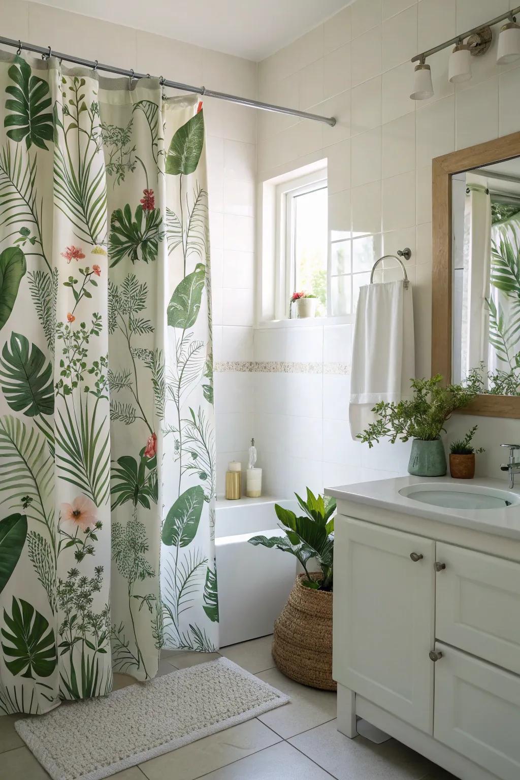 Plant-themed prints create a refreshing, nature-inspired atmosphere in your bathroom.