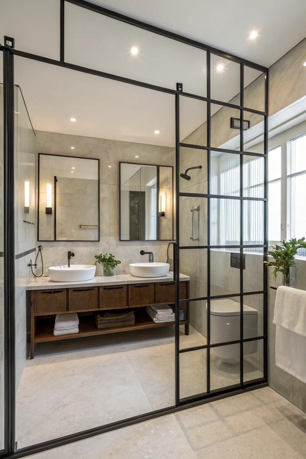 Urban steel edgings impart a contemporary accent to bathroom interiors.