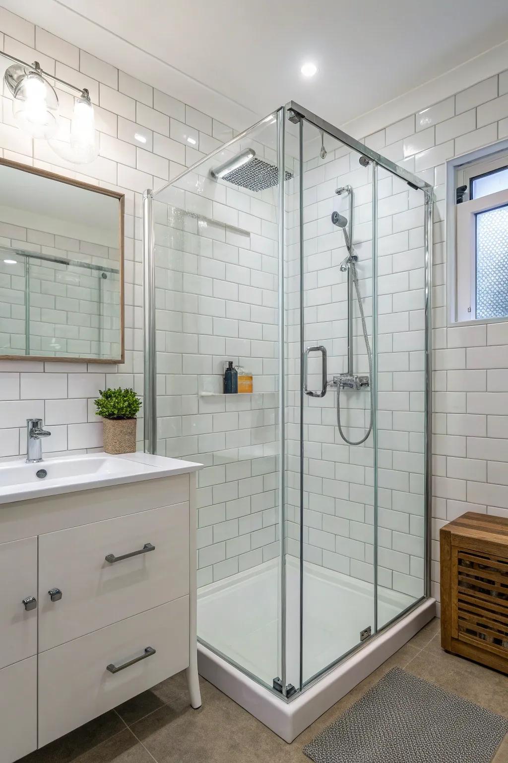 Clear glass showers have a simple look that makes your bathroom space bigger.