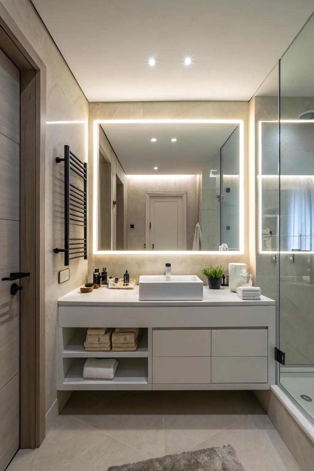 Mirrors with backlights deliver a peaceful ambiance to your bathroom.