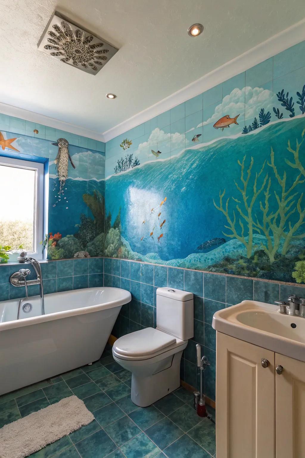 An oceanic-inspired bathroom showcasing ocean-themed wall art.