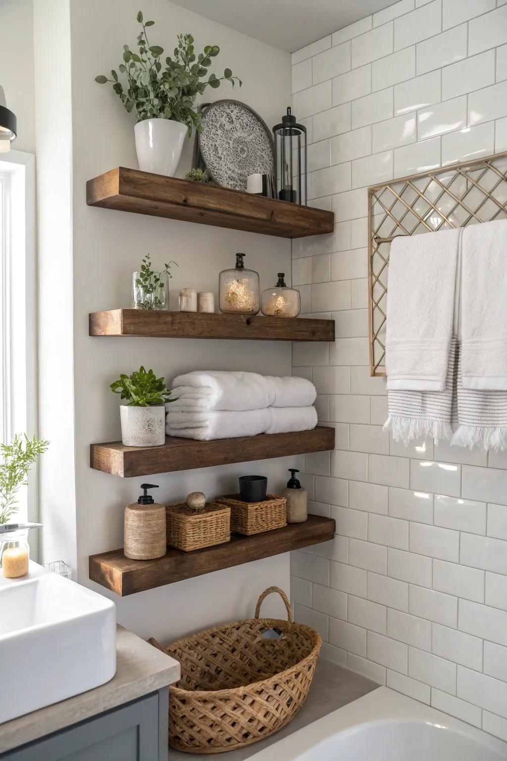 Update the feel of your bathroom, making it more useful and beautiful with creative shelving.