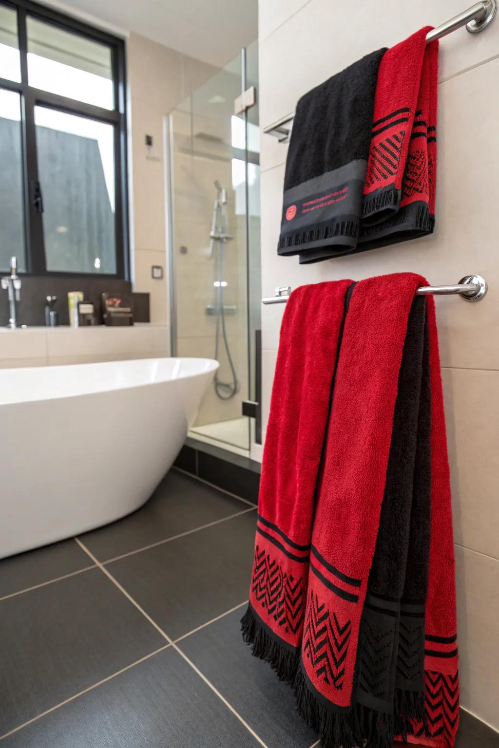 Scarlet and ebony towels create a daring statement in any bathroom.