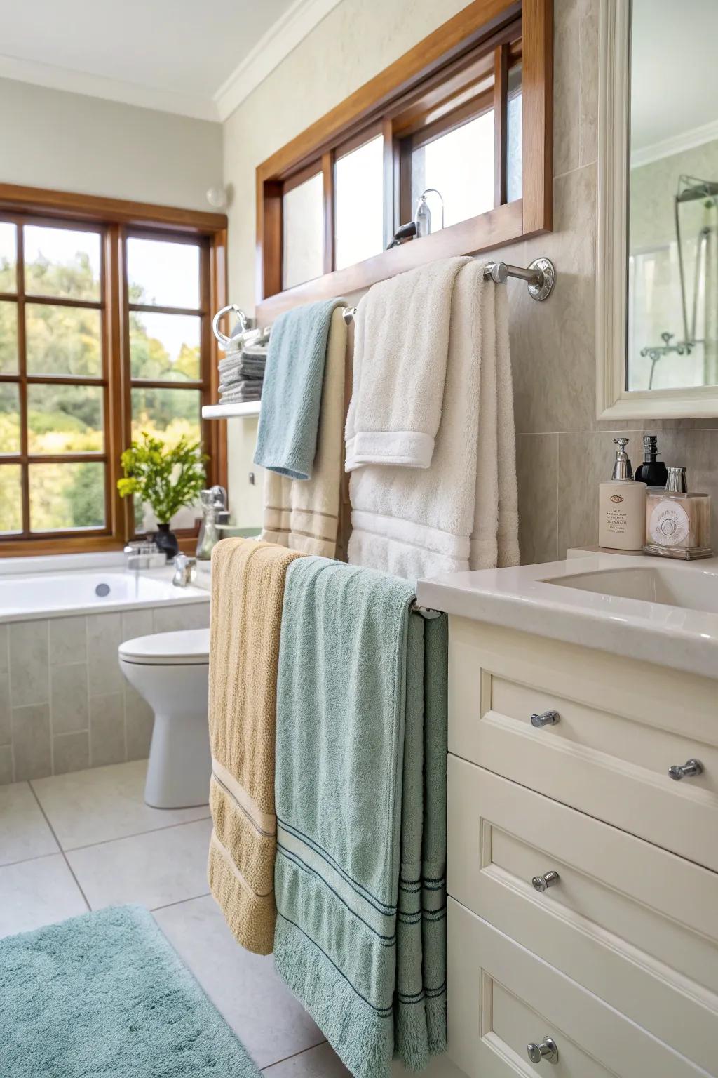 Build depth and texture by layering towels in complementary shades.