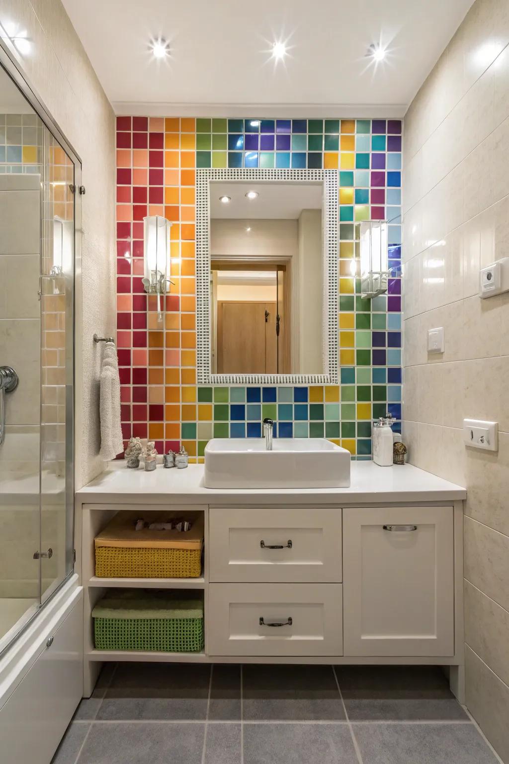 Patterned tiles add a playful artistic flair.