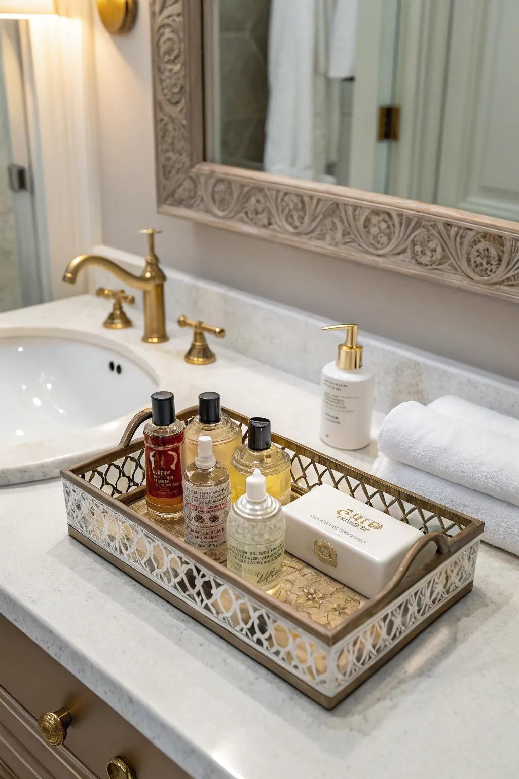 Countertop elegantly arranged with a decorative tray.
