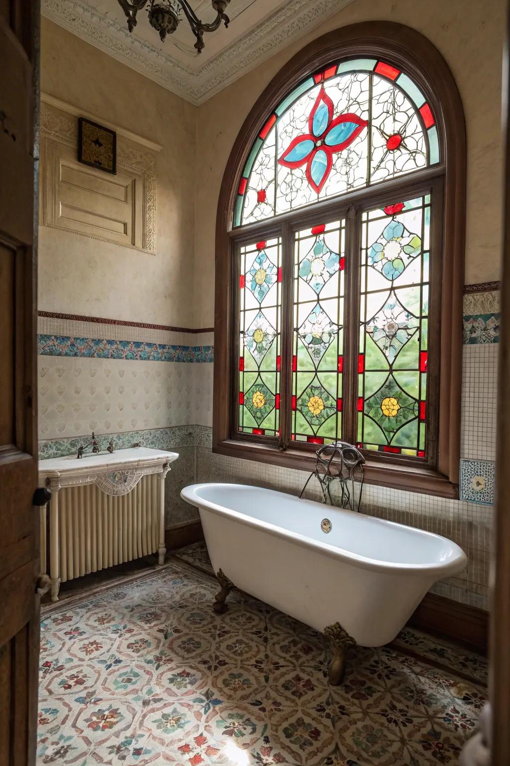 Ornamental glass windows crafting a vibrant atmosphere in the bathroom.