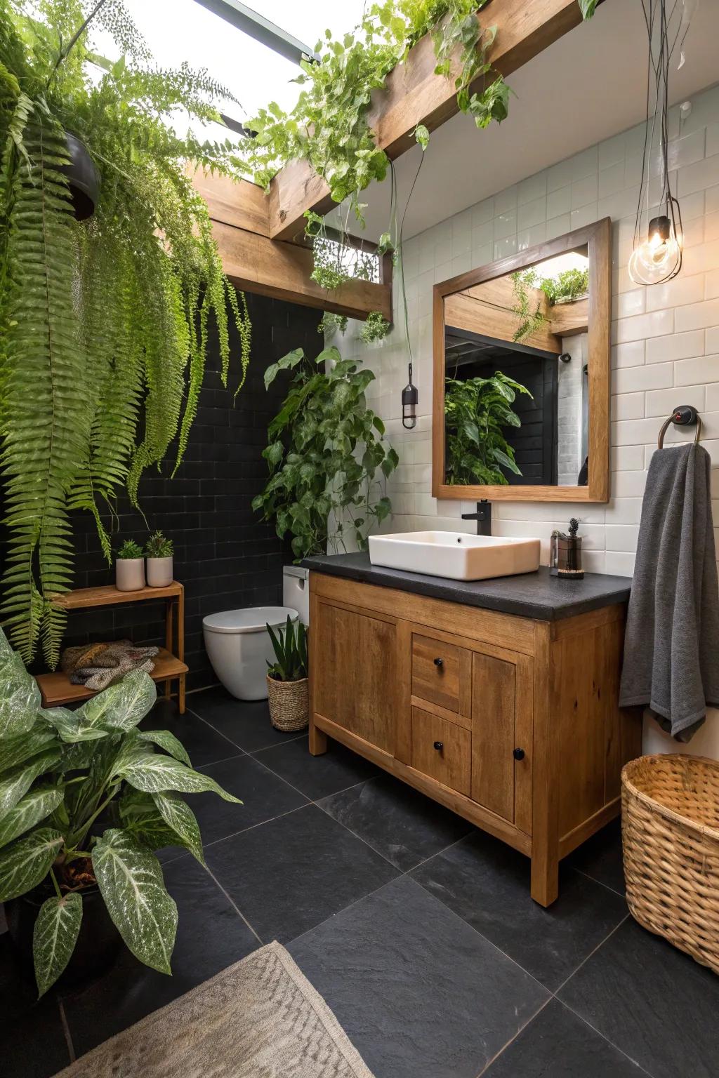 Timber details soften the powerful statement of a dark floor, fostering a cozy atmosphere.