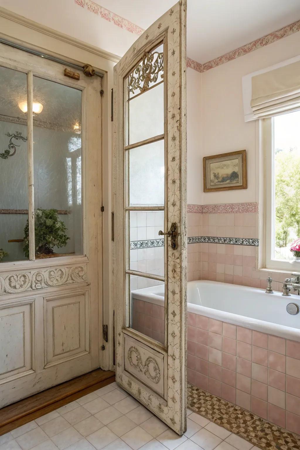 Encased glass doors contribute an ageless charm to any bathroom environment.