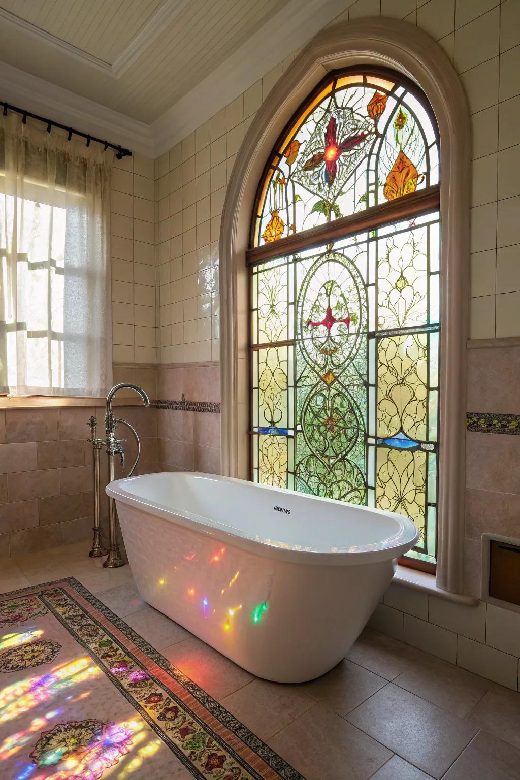 Colored glass adds style and color to a bathroom.