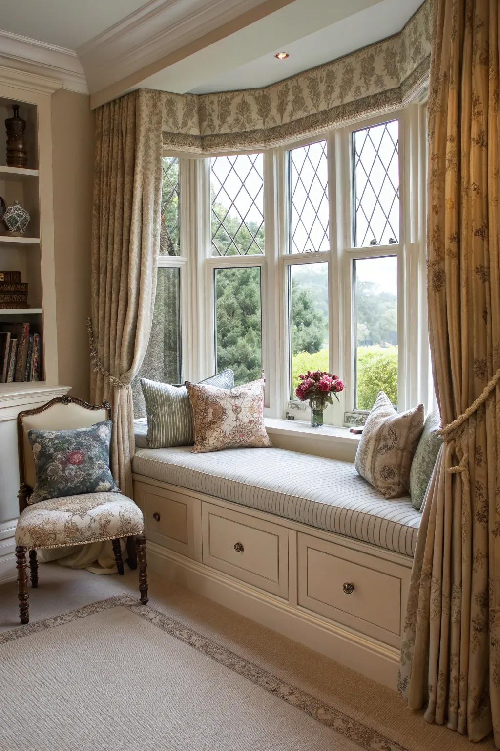 Built-in storage beneath the window seat ensures your area remains organized and fashionable.