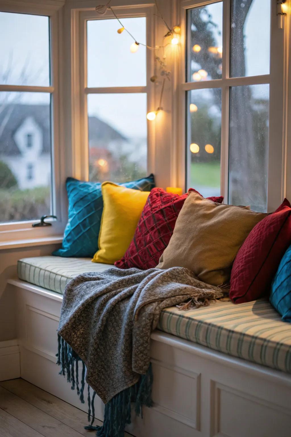 Create a comfy nook with window seating and cushions.