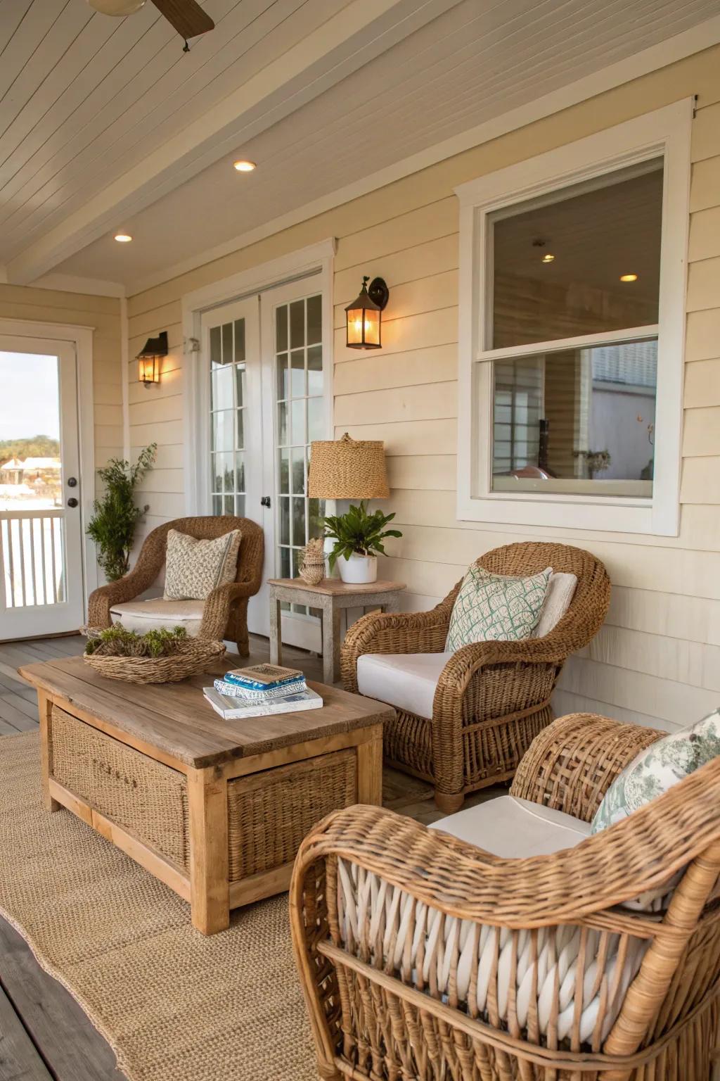 Raw materials give an organic flair to this cozy beach house area.