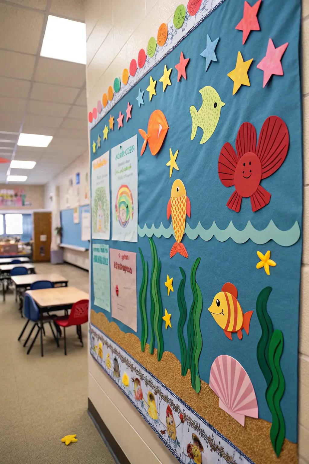 A marine-themed display board that immerses the classroom in the underwater realm.