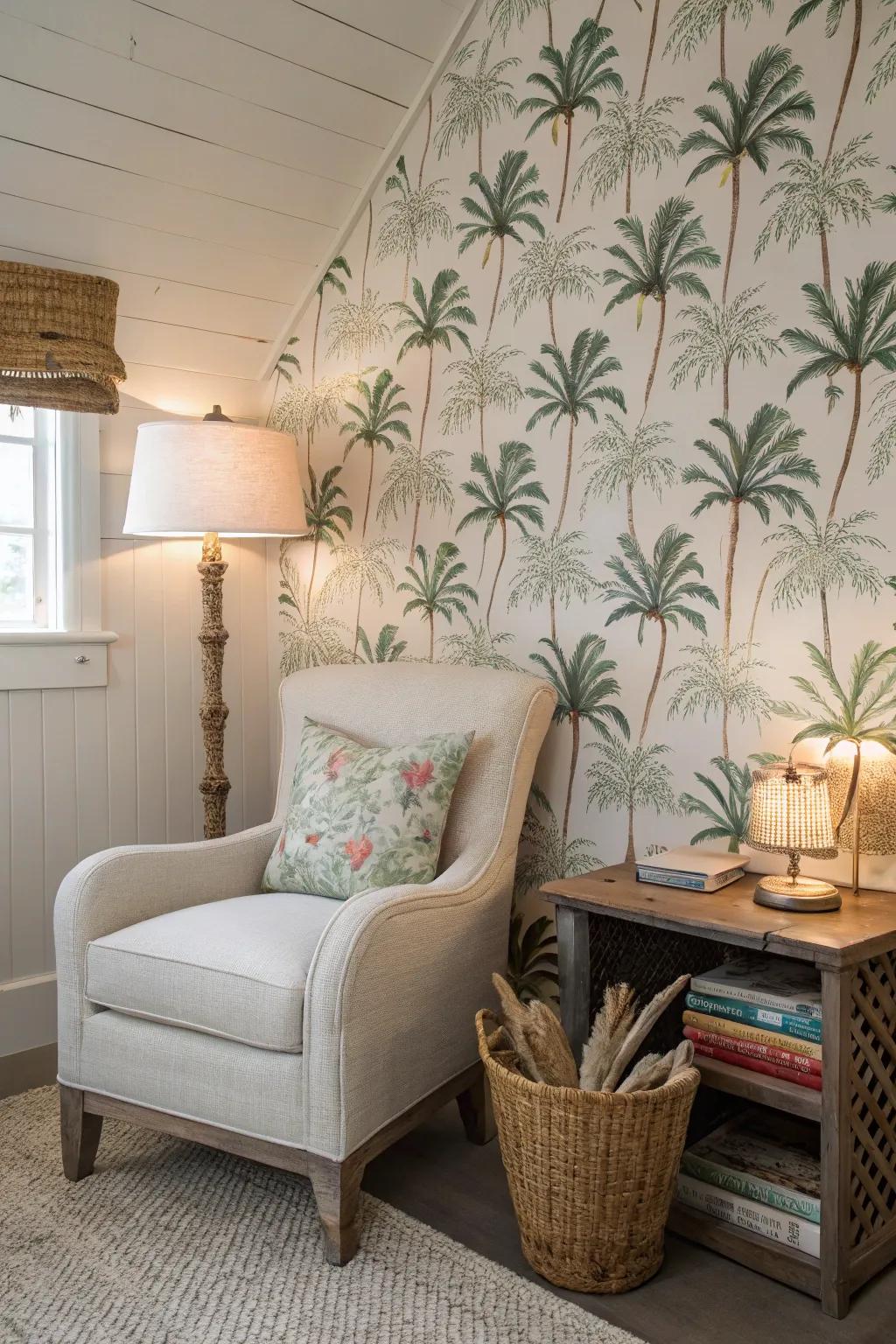 Infuse tropical vibes indoors using frond wallpaper.