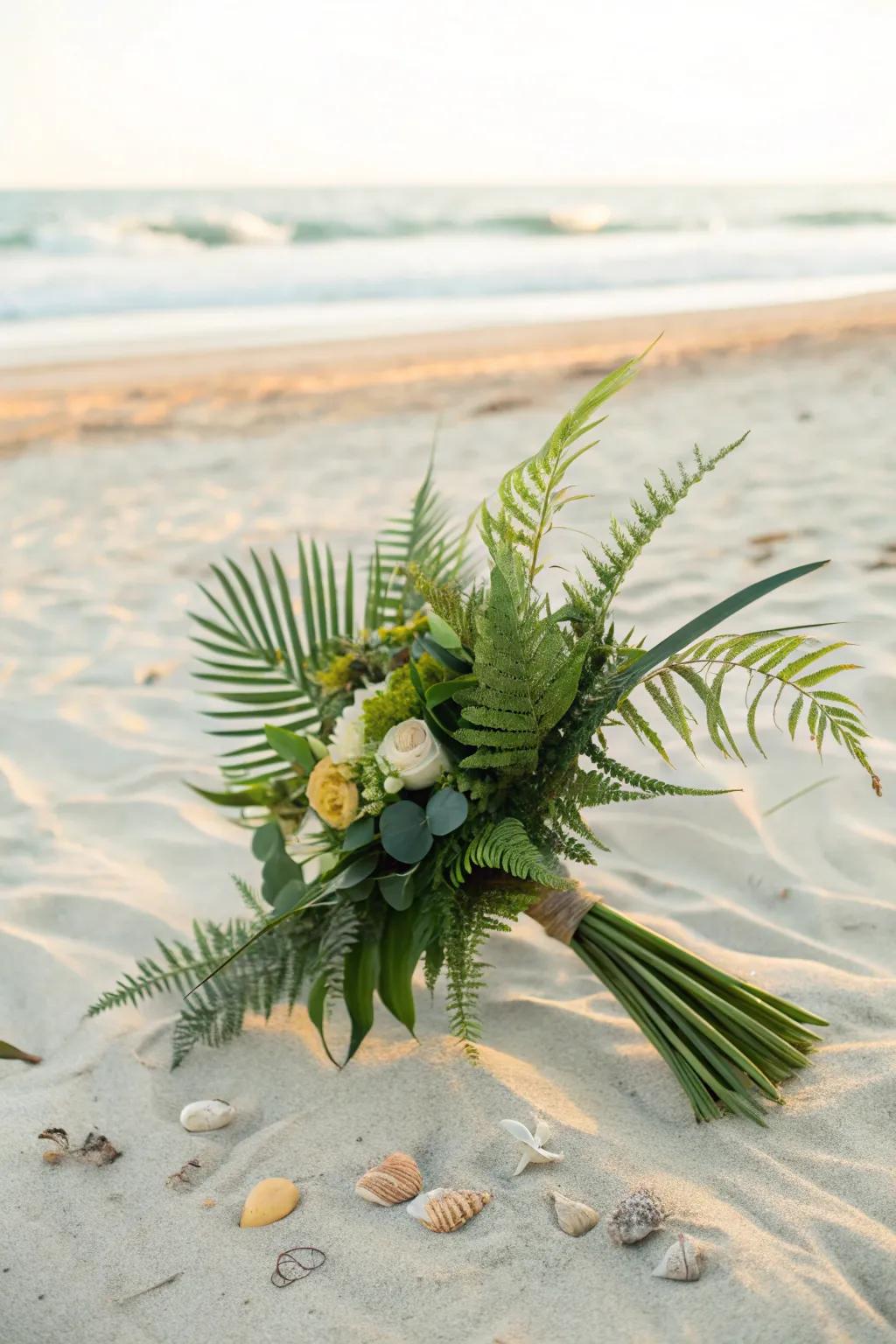 A verdant, leafy bouquet that enhances the natural allure of the beach.