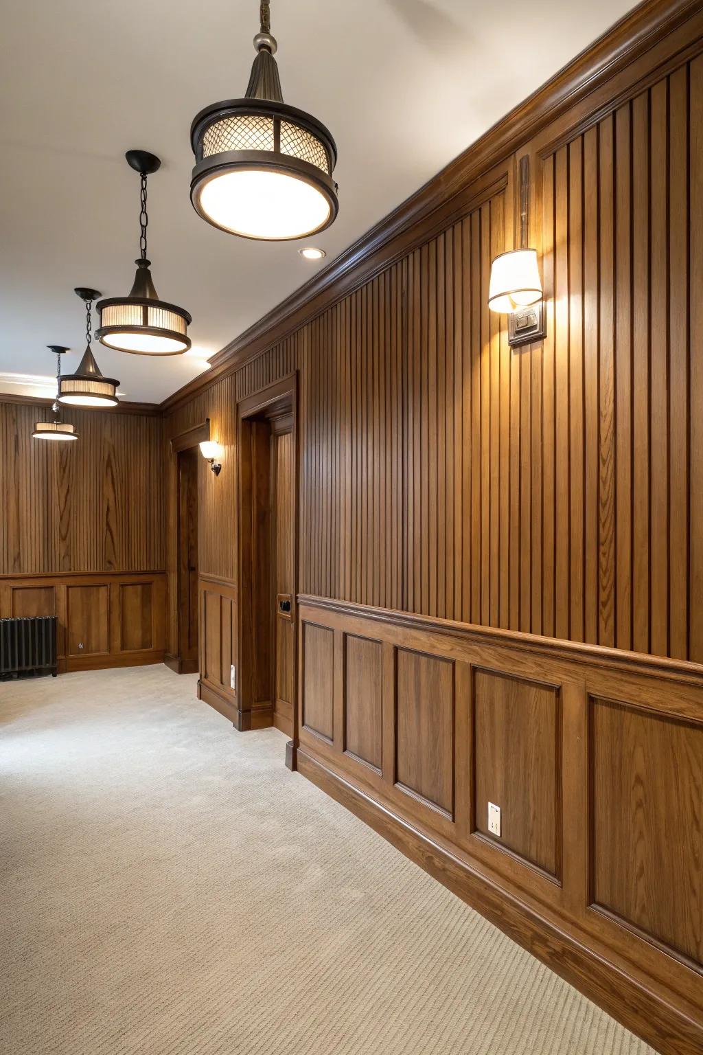 A sophisticated mix of classic beadboard and modern lighting.